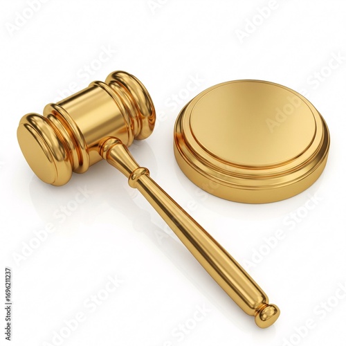A golden judge's gavel with a stand, isolated on a white