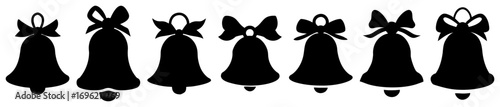 Elegant festive row of simple silhouette black christmas bells with decorative bows