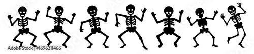 Line of skeletons in black silhouette, dancing and celebrating the spooky season