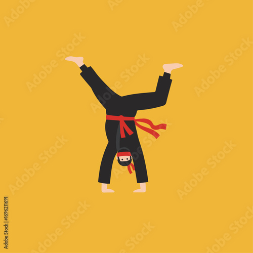 A ninja in a black uniform with a red belt performs a cartwheel against a plain yellow background.
