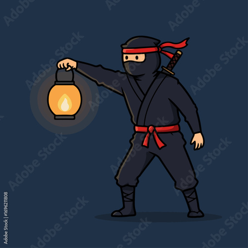 A cartoon ninja in a black outfit and red headband holding a lit lantern in the dark.