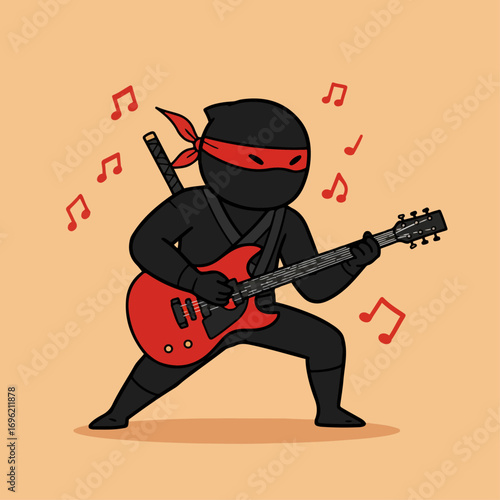 A cartoon ninja dressed in black with a red bandana plays a red electric guitar with musical notes floating around.