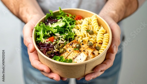 Person holding a prepared meal in a paper bowl