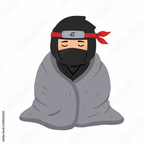 A cute cartoon ninja wrapped in a gray blanket, meditating with eyes closed.