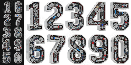 Set of Numbers from 1 to 9 Decorated with Gears and Other Mechanical Elements, Futuristic, Robotic Number