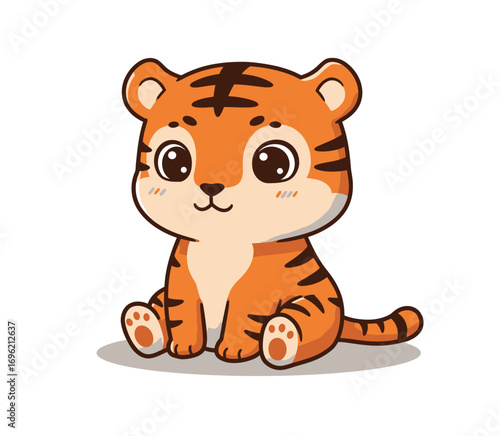 Cute Tiger cub Illustration: A charming tiger cub with adorable expression, its vibrant orange and black striped fur, sits in a simple, clean illustration, radiating warmth and inviting cuddles.
