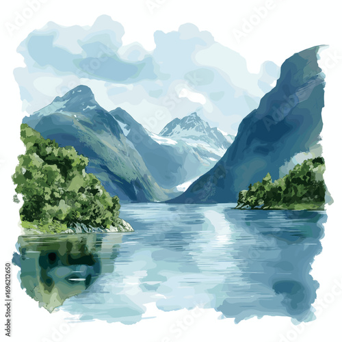 Geirangerfjord. Geirangerfjord watercolor vector illustration