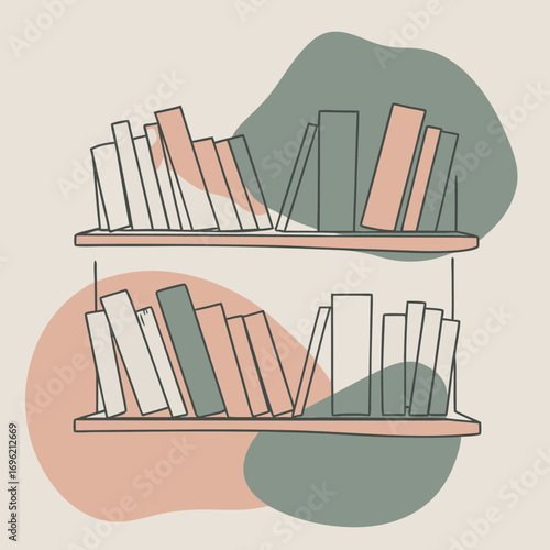 Abstract illustration of two bookshelves with colorful books  