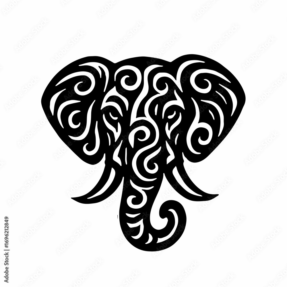 Naklejka premium tribal tattoo design, bold, tribal-style illustration of an elephant head, composed of swirling black lines and geometric curves