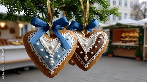 Ornate Heart-Shaped Cookies with Blue and White Icing Hanging on Greenery