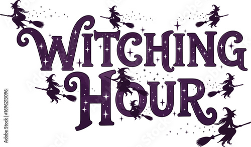 Witching Hour Halloween design with flying witches on broomsticks