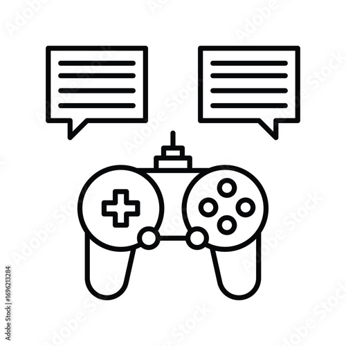 Blackandwhite icon of a gamepad with two speech bubbles above it. Editable stroke icon