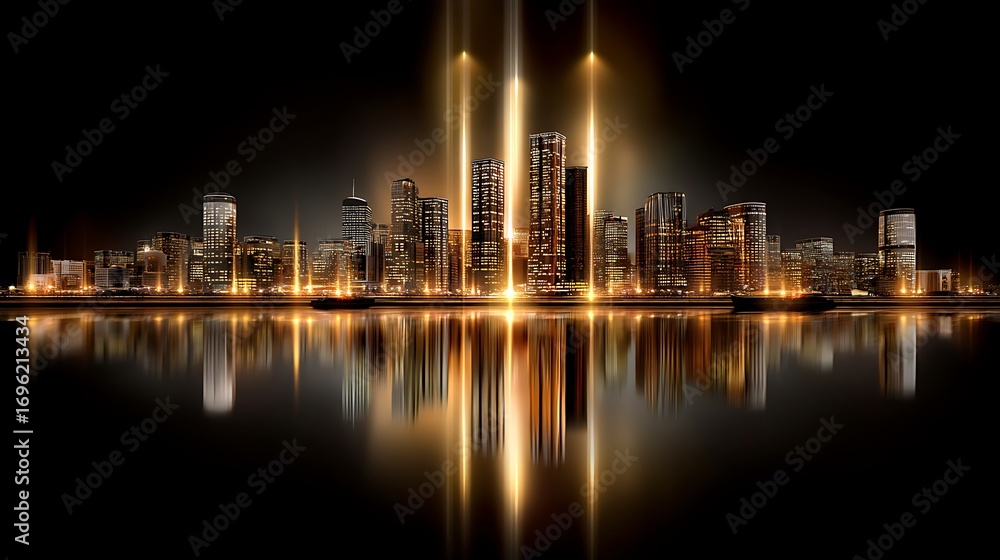 Fototapeta premium Stunning Night Cityscape with Reflections and Bright Lights Over a Calm Water Surface