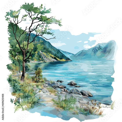 Lake Baikal. Lake Baikal watercolor vector illustration