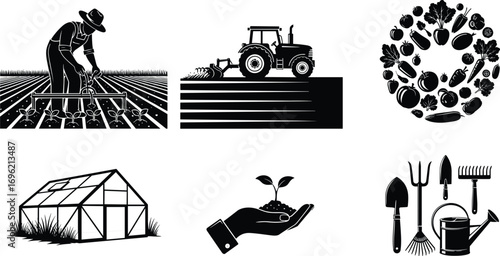 Agriculture and gardening icon set, black and white farming illustration, tractor, greenhouse, planting, fruits, vegetables, gardening tools, crop cultivation
