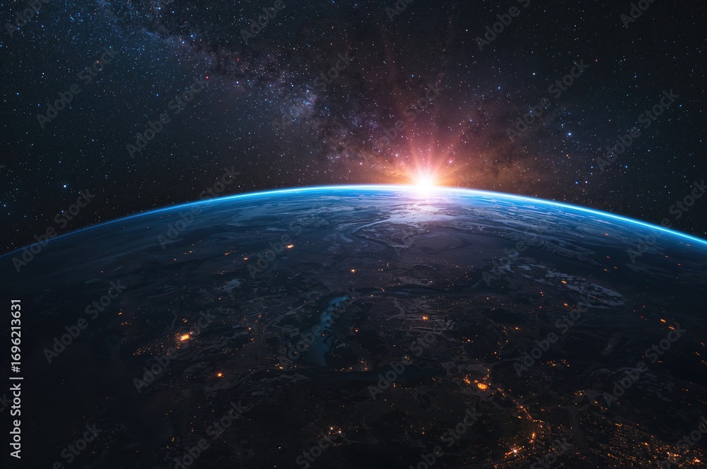 Obraz premium View of a celestial body illuminated by city lights under a cosmic backdrop with the dawn approaching. High-definition space wallpaper from orbit perspective.