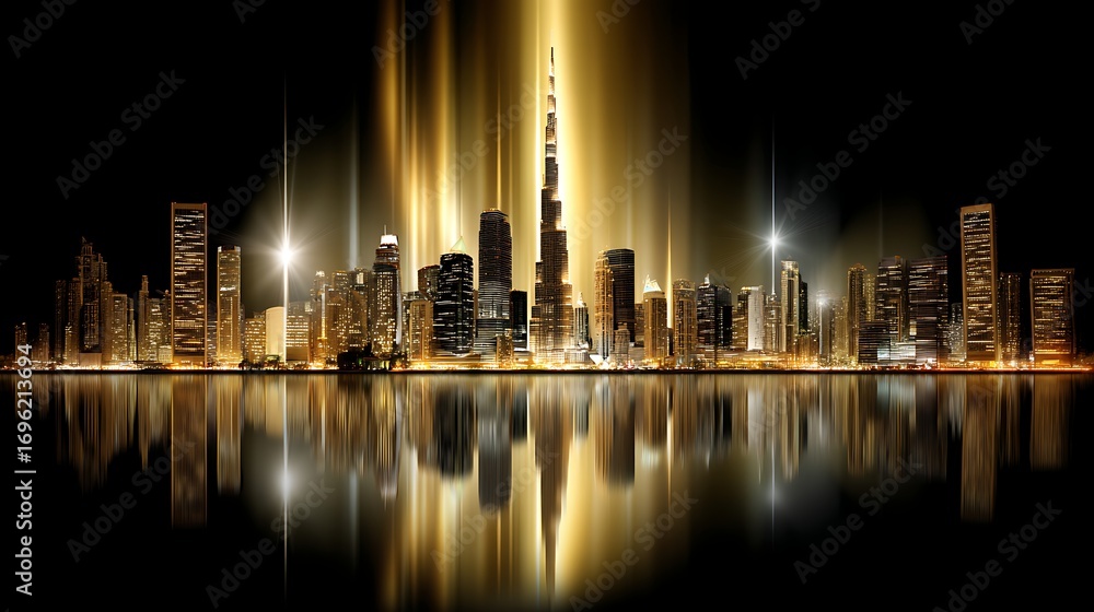 Obraz premium Stunning Night View of a City Skyline with Reflections and Illuminated Buildings