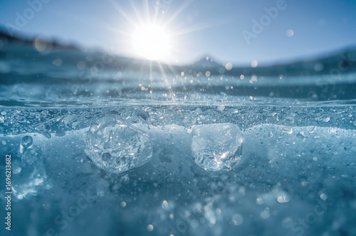 Ice cubes and cold water dissolving in sunlight, illustrating environmental warming and climate issues. Techniques include cold exposure, breath control, yoga, and mindfulness.