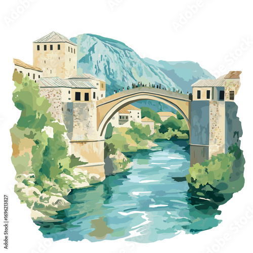 Stari Most. Stari Most watercolor vector illustration