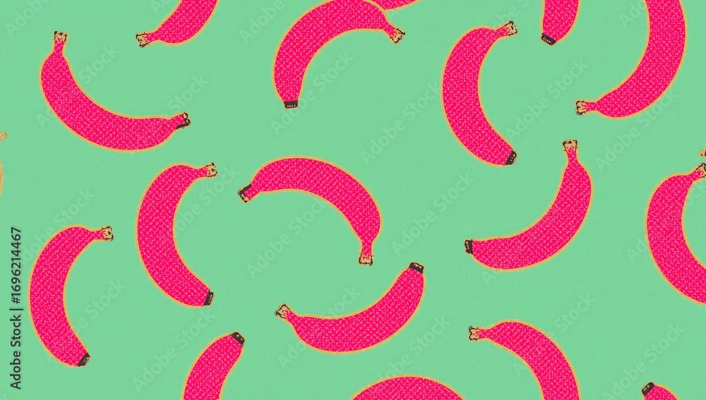 Seamless vector pop art pattern featuring randomly placed pink bananas with yellow borders on a light green background in halftone dot style.