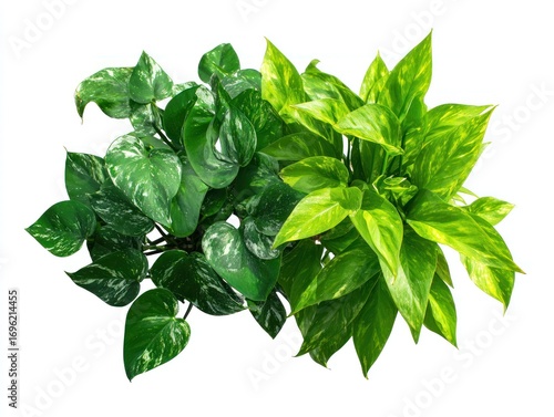 Two potted pothos plants with different variegation patterns, viewed from above, against a white background