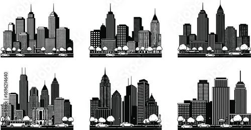 City skyline illustration, urban landscape drawing, black and white cityscape, architectural skyline art, modern buildings sketch, downtown silhouette, metropolitan view