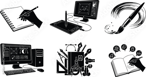 Creative work illustration, black and white design art, sketching, digital drawing, painting, technical drafting, research, artistic tools, creative process