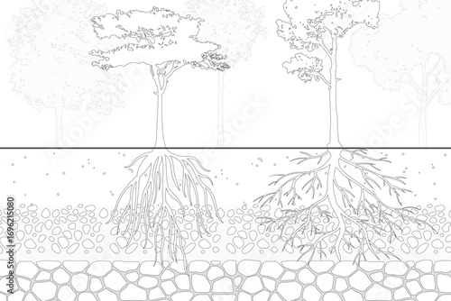 Cad tree line minimal style. Forest section, soil layer pattern. Set of elements drawing for architecture and landscape design.