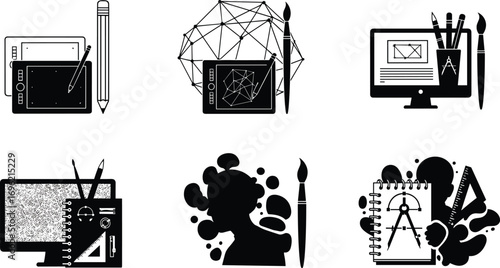Digital art tools illustration, black and white creative design, drawing tablet, 3D modeling, CAD interface, technical drawing, artistic concept