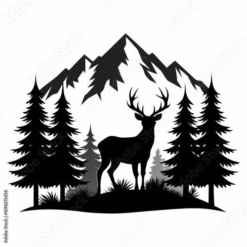 silhouette, antler, animal, nature, wildlife, forest, cervid, buck, graphic, hunting, mammal, stag, design, drawing, outdoors, vector, wild, tree, timberland, majestic, art, head, illustration, landsc