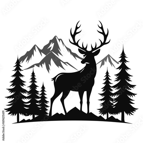 silhouette, antler, animal, nature, wildlife, forest, cervid, buck, graphic, hunting, mammal, stag, design, drawing, outdoors, vector, wild, tree, timberland, majestic, art, head, illustration, landsc