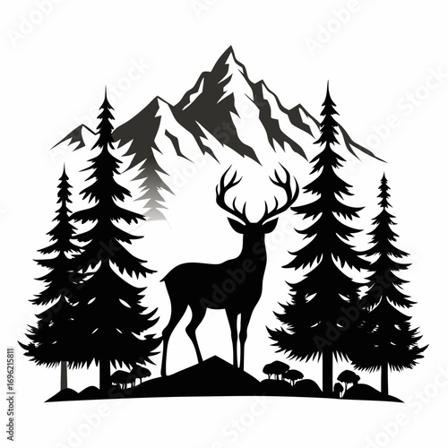 silhouette, antler, animal, nature, wildlife, forest, cervid, buck, graphic, hunting, mammal, stag, design, drawing, outdoors, vector, wild, tree, timberland, majestic, art, head, illustration, landsc