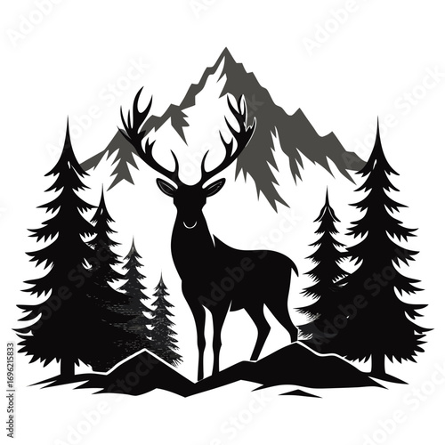 silhouette, antler, animal, nature, wildlife, forest, cervid, buck, graphic, hunting, mammal, stag, design, drawing, outdoors, vector, wild, tree, timberland, majestic, art, head, illustration, landsc