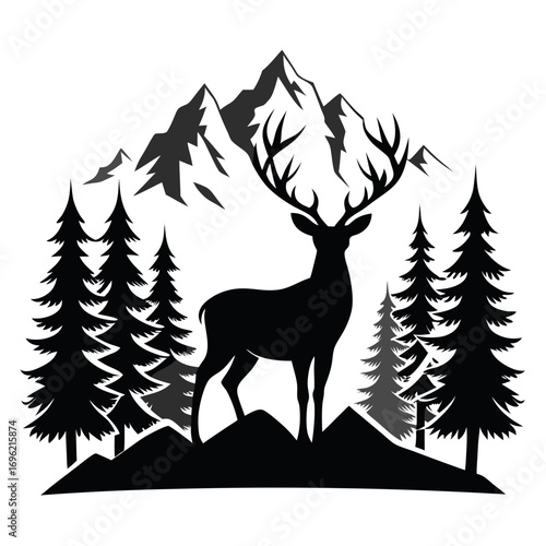 silhouette, antler, animal, nature, wildlife, forest, cervid, buck, graphic, hunting, mammal, stag, design, drawing, outdoors, vector, wild, tree, timberland, majestic, art, head, illustration, landsc
