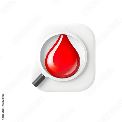 Blood Drop Under Magnifying Glass: Medical Icon.