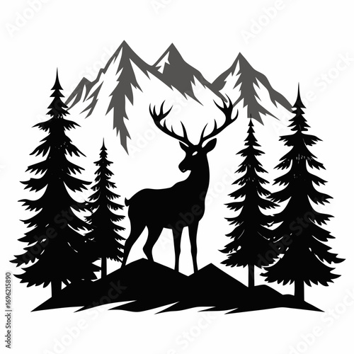silhouette, antler, animal, nature, wildlife, forest, cervid, buck, graphic, hunting, mammal, stag, design, drawing, outdoors, vector, wild, tree, timberland, majestic, art, head, illustration, landsc