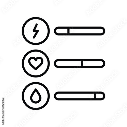Three icon sets each with a circled symbol lightning bolt heart teardrop  a partially filled horizontal bar. Editable stroke icon