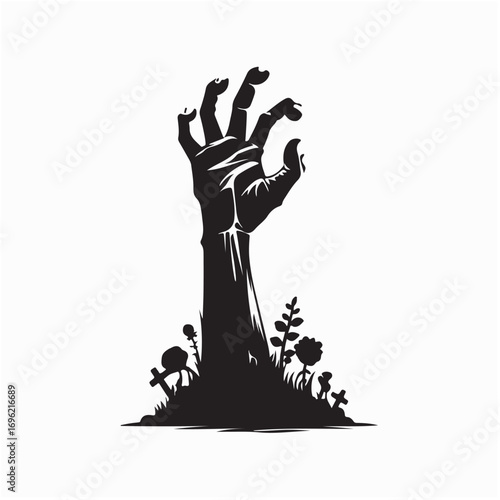 Creepy Zombie Hand Emerging from Soil Vector Halloween Horror Illustration