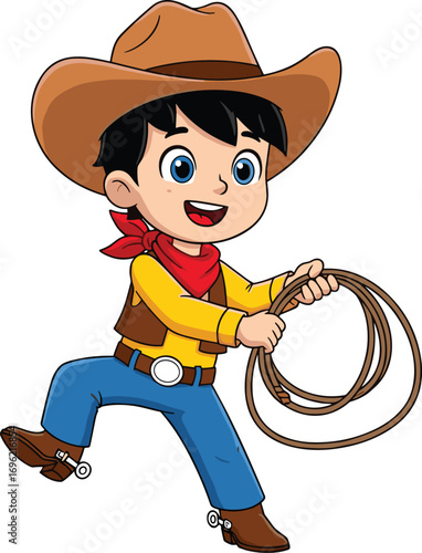 ute cartoon cowboy boy, western kid with lasso, happy child in cowboy outfit, vector illustration, wild west character design
