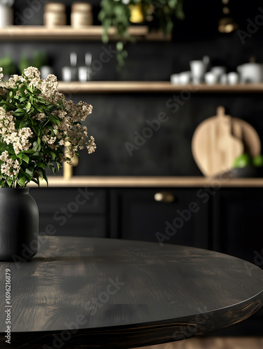 Black kitchen room background for zoom calls. Minimal dark room with marble table in foreground