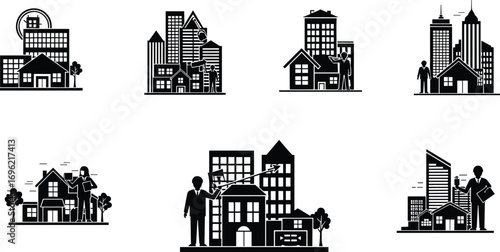 Real estate icon set, black and white urban suburban illustration, housing, buildings, construction, property development, architecture, neighborhood, planning