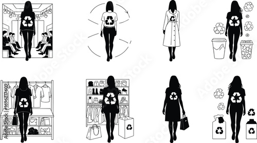 Sustainability lifestyle illustration, black and white eco fashion art, recycling awareness drawing, green shopping, waste sorting, environmental responsibility, eco living