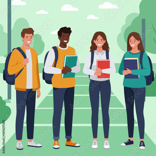Four smiling students with backpacks and books on a walkway.