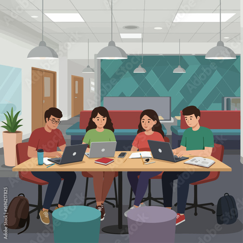 Four students working together at a table in a modern study area.
