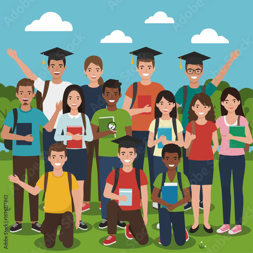 A diverse group of happy young students and graduates celebrating together outdoors in a park.