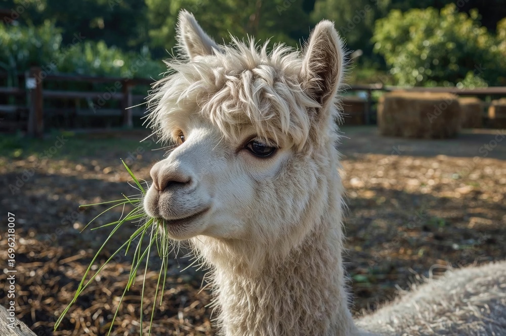Obraz premium Grass being eaten by an alpaca inside a fenced area
