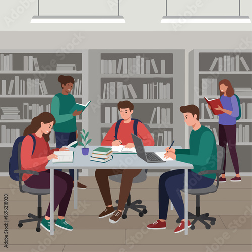 A diverse group of students studying together in a library, surrounded by bookshelves filled with books.