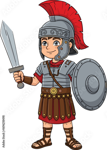 Cartoon Roman soldier boy, ancient warrior in armor, child with sword and shield, historical costume character, vector illustration design