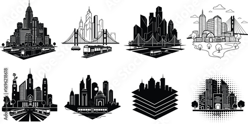 Urban cityscape illustration, black and white skyline art, modern architecture drawing, downtown silhouette, metropolitan view, city transport scene, skyline design