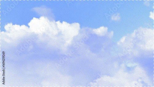 Halftone comic style sky with white clouds and blue background. Retro pop art dotted pattern. Abstract vintage texture for poster, flyer and graphic design projects. Vector
